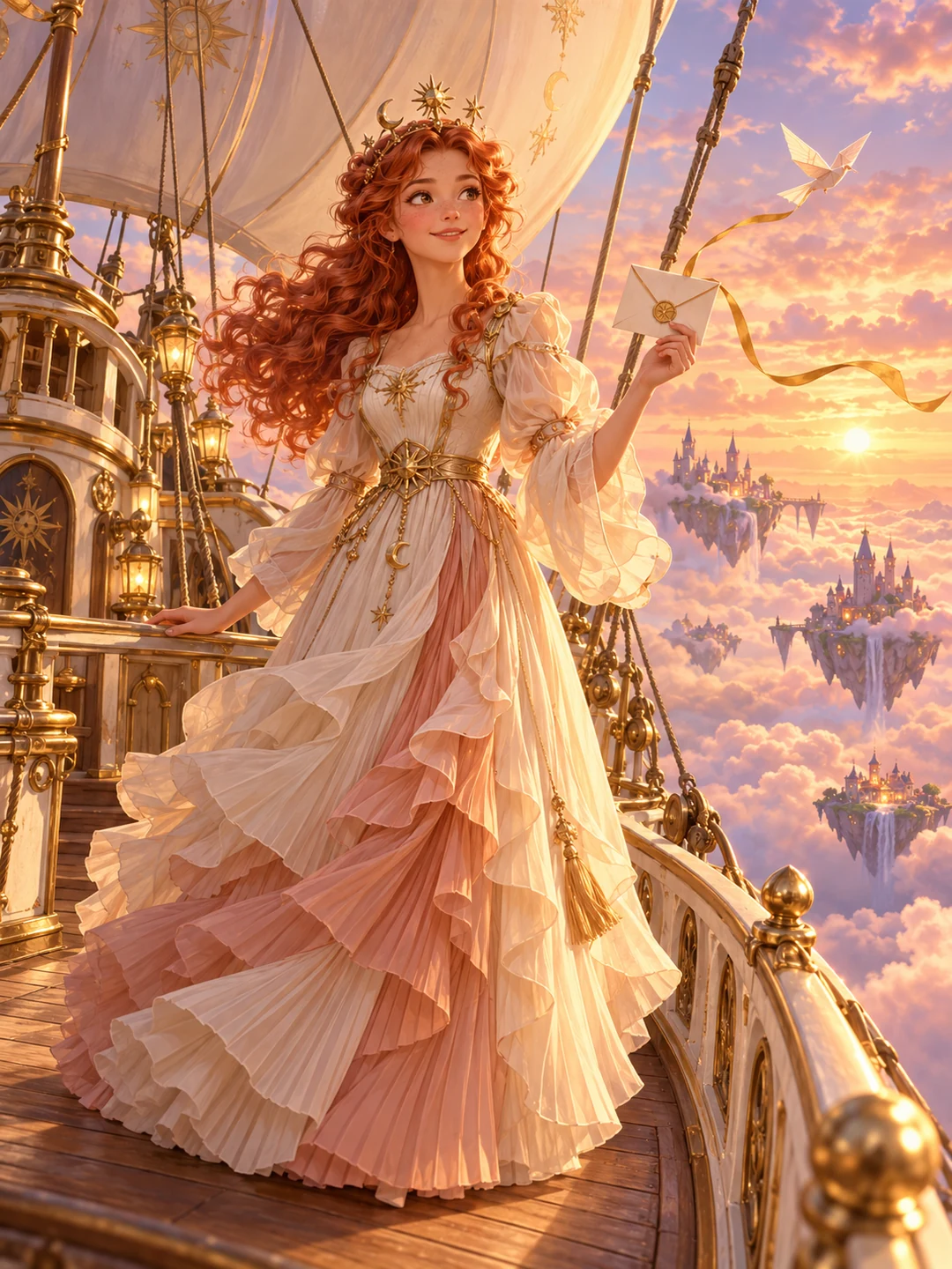 Die Wolkenprinzessin mit kupferroten Locken steht mit einem Brief auf ihrem Luftschiff zwischen pfirsichfarbenen Wolken.